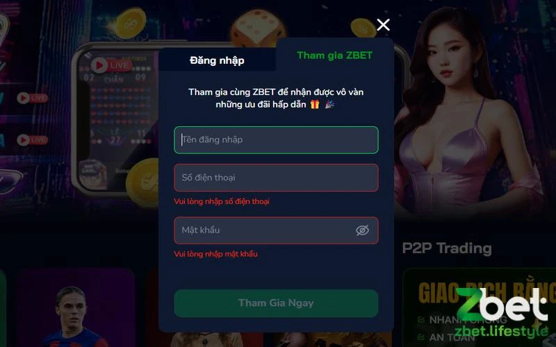 Form đăng ký tài khoản hội viên nền tảng Zbet
