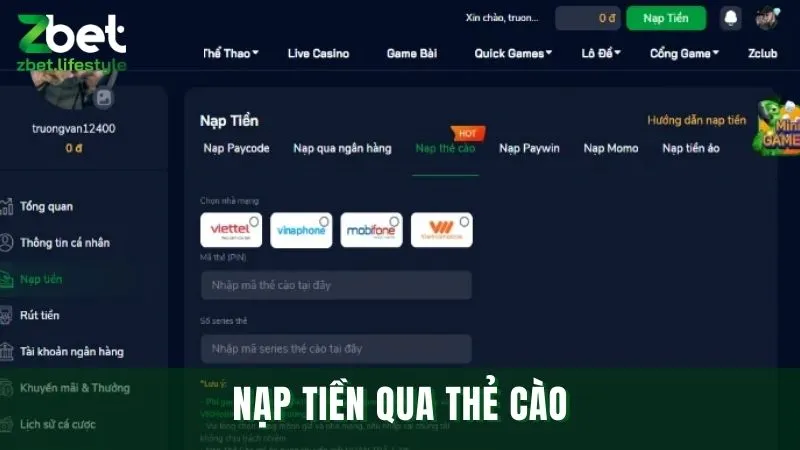 Nạp vào Zbet qua thẻ cào chỉ với các bước đơn giản