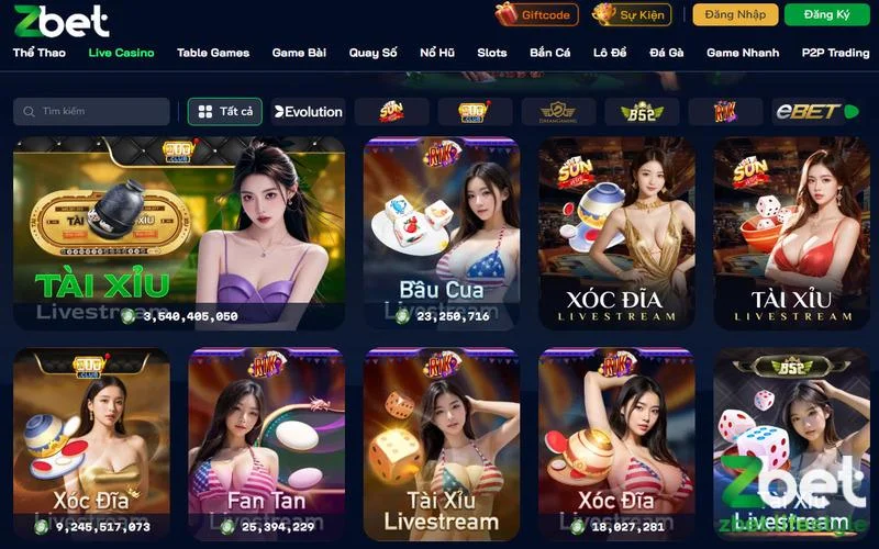 Giao diện sảnh Live Casino với nhiều game ăn khách